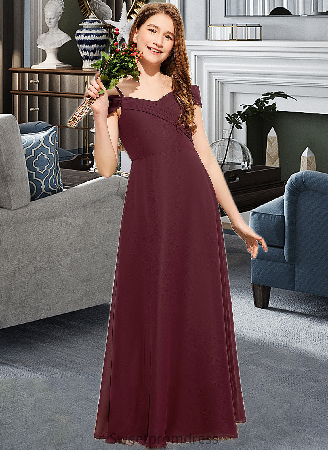 Natasha A-Line Off-the-Shoulder Floor-Length Chiffon Junior Bridesmaid Dress With Ruffle DHP0013467