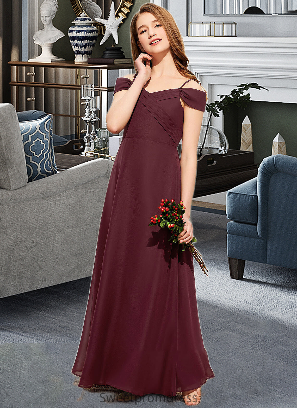 Natasha A-Line Off-the-Shoulder Floor-Length Chiffon Junior Bridesmaid Dress With Ruffle DHP0013467