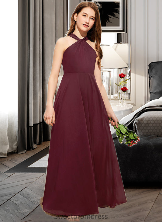 Lana A-Line V-neck Floor-Length Chiffon Junior Bridesmaid Dress With Ruffle DHP0013468