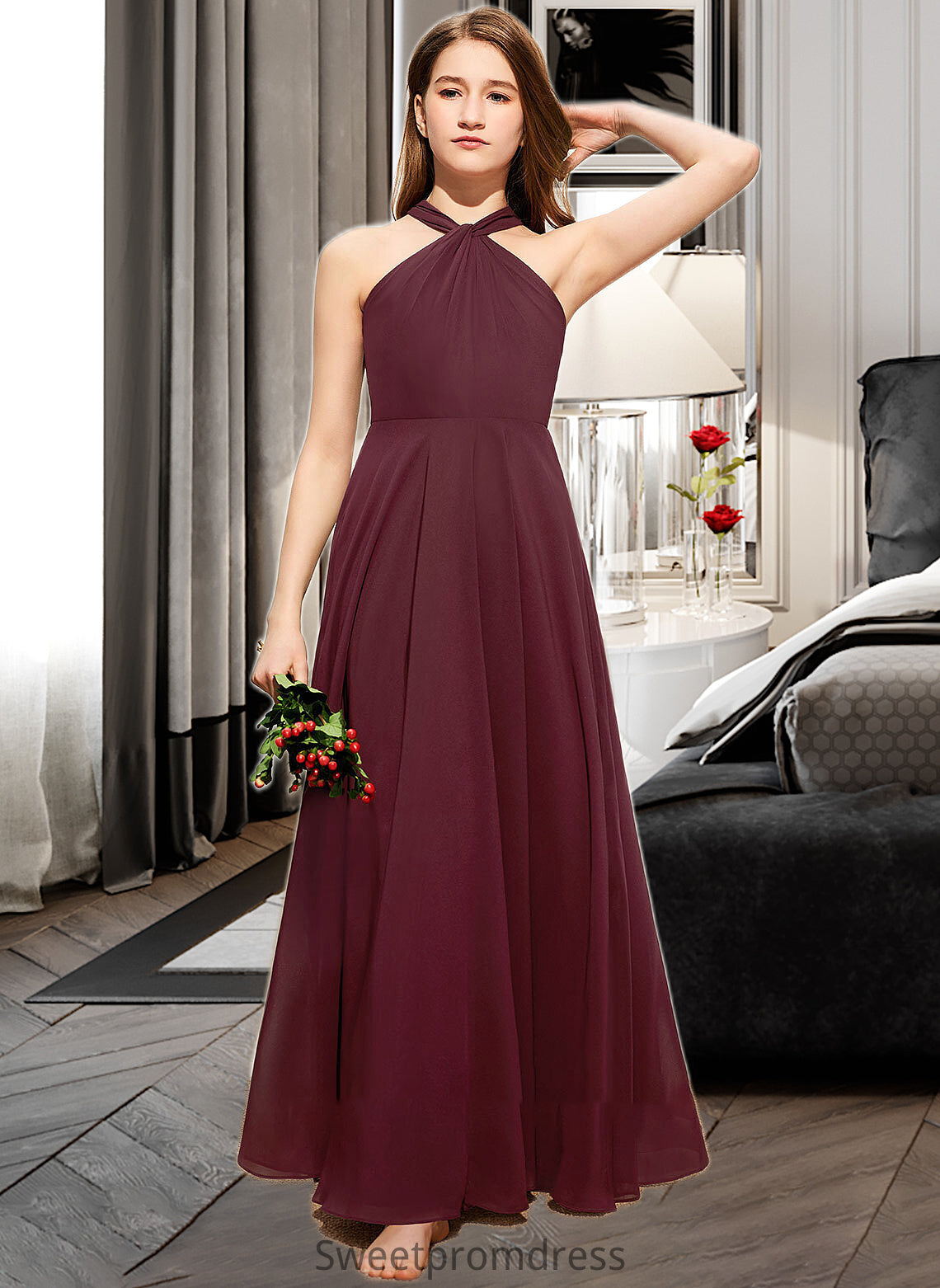 Lana A-Line V-neck Floor-Length Chiffon Junior Bridesmaid Dress With Ruffle DHP0013468