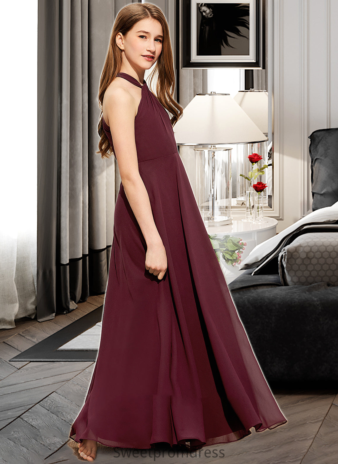 Lana A-Line V-neck Floor-Length Chiffon Junior Bridesmaid Dress With Ruffle DHP0013468