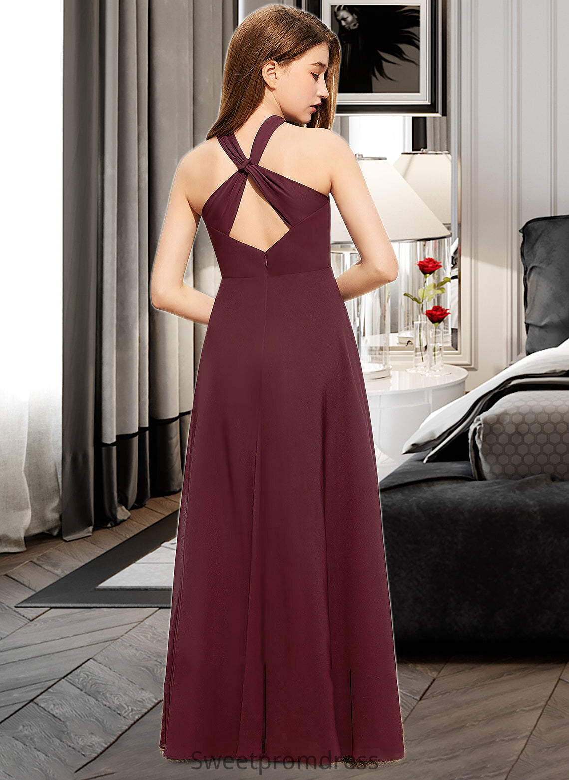 Lana A-Line V-neck Floor-Length Chiffon Junior Bridesmaid Dress With Ruffle DHP0013468