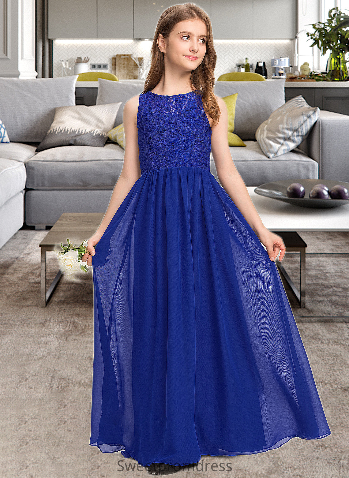 Lucy A-Line Scoop Neck Floor-Length Chiffon Lace Junior Bridesmaid Dress DHP0013469