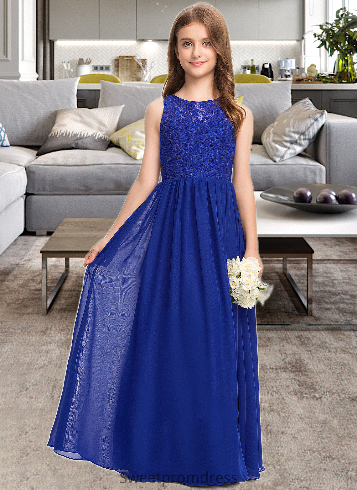 Lucy A-Line Scoop Neck Floor-Length Chiffon Lace Junior Bridesmaid Dress DHP0013469