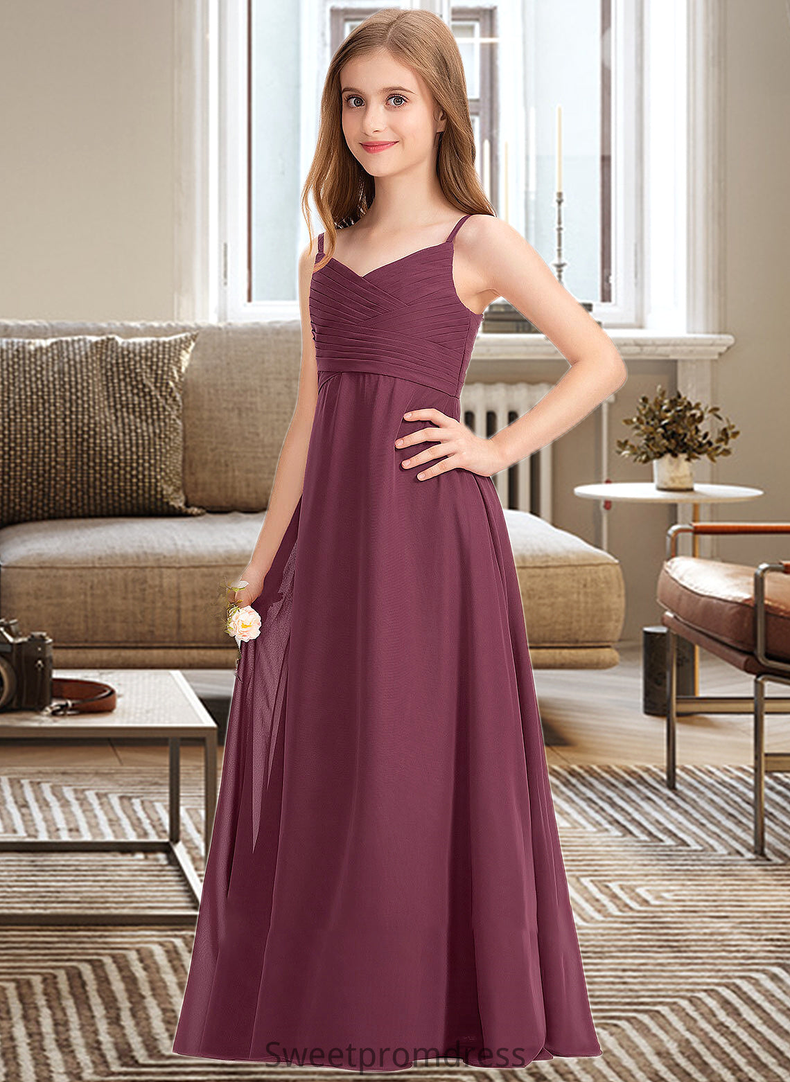 Belen A-Line Sweetheart Floor-Length Chiffon Junior Bridesmaid Dress With Ruffle DHP0013470