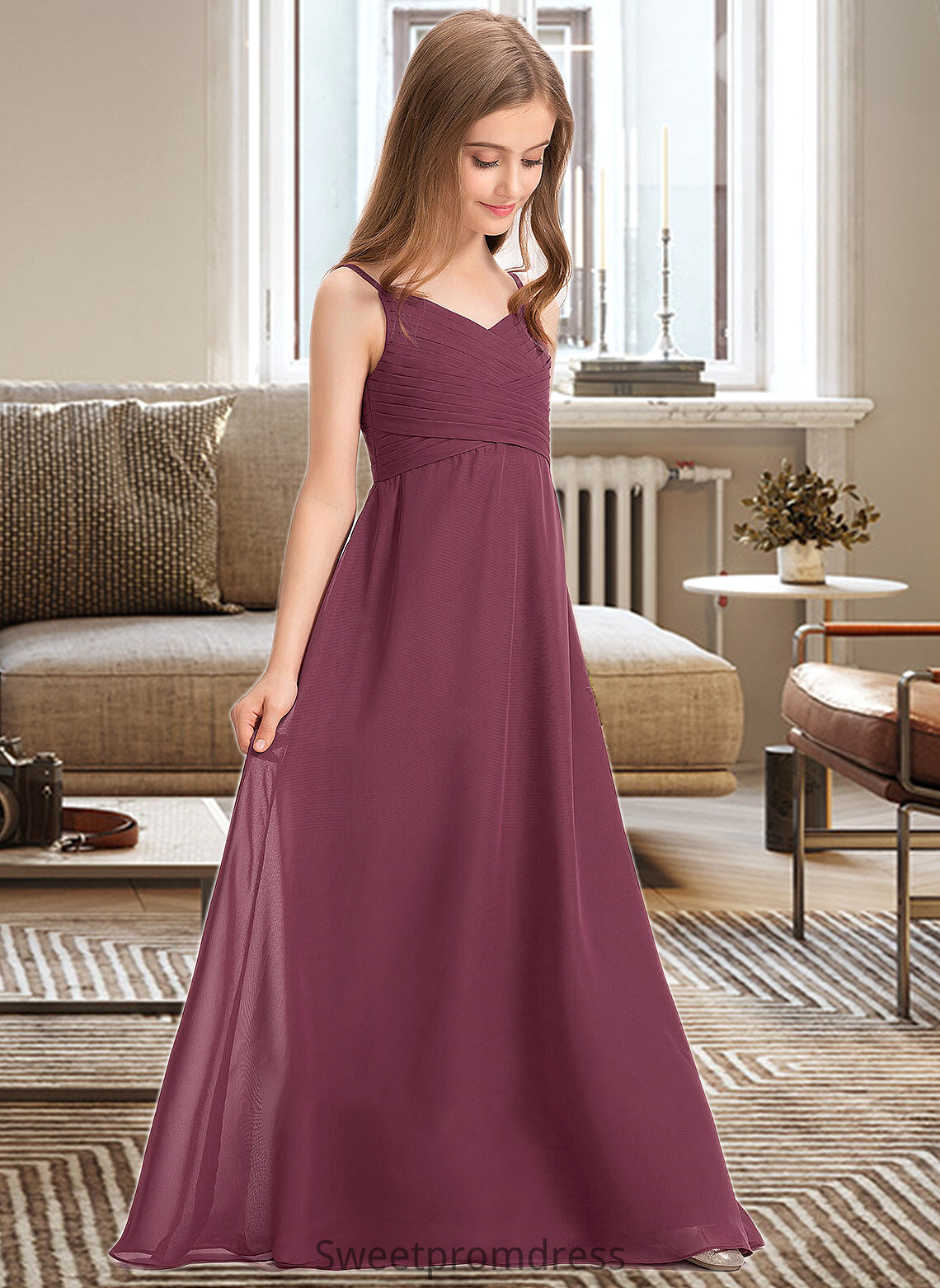 Belen A-Line Sweetheart Floor-Length Chiffon Junior Bridesmaid Dress With Ruffle DHP0013470