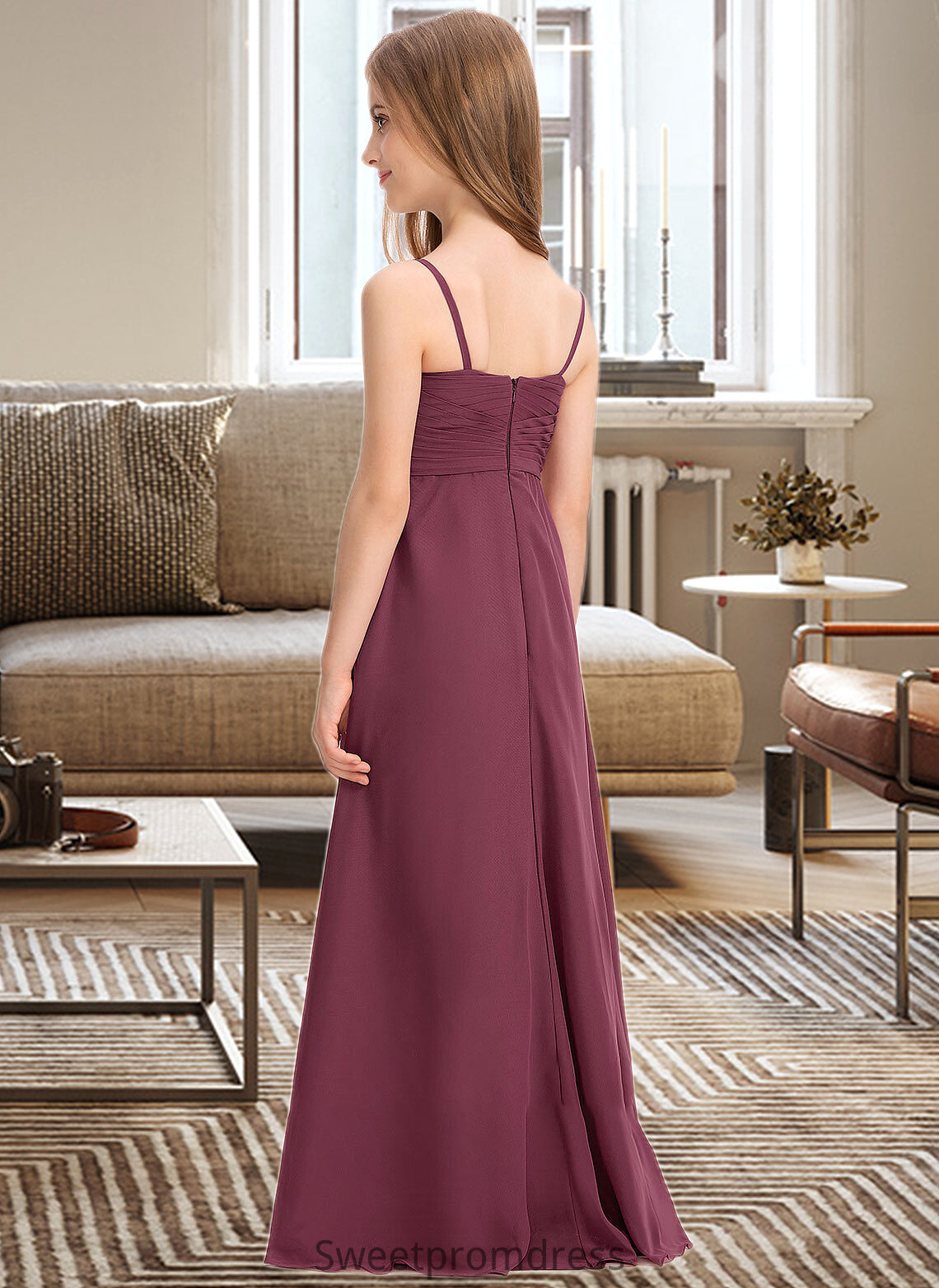 Belen A-Line Sweetheart Floor-Length Chiffon Junior Bridesmaid Dress With Ruffle DHP0013470