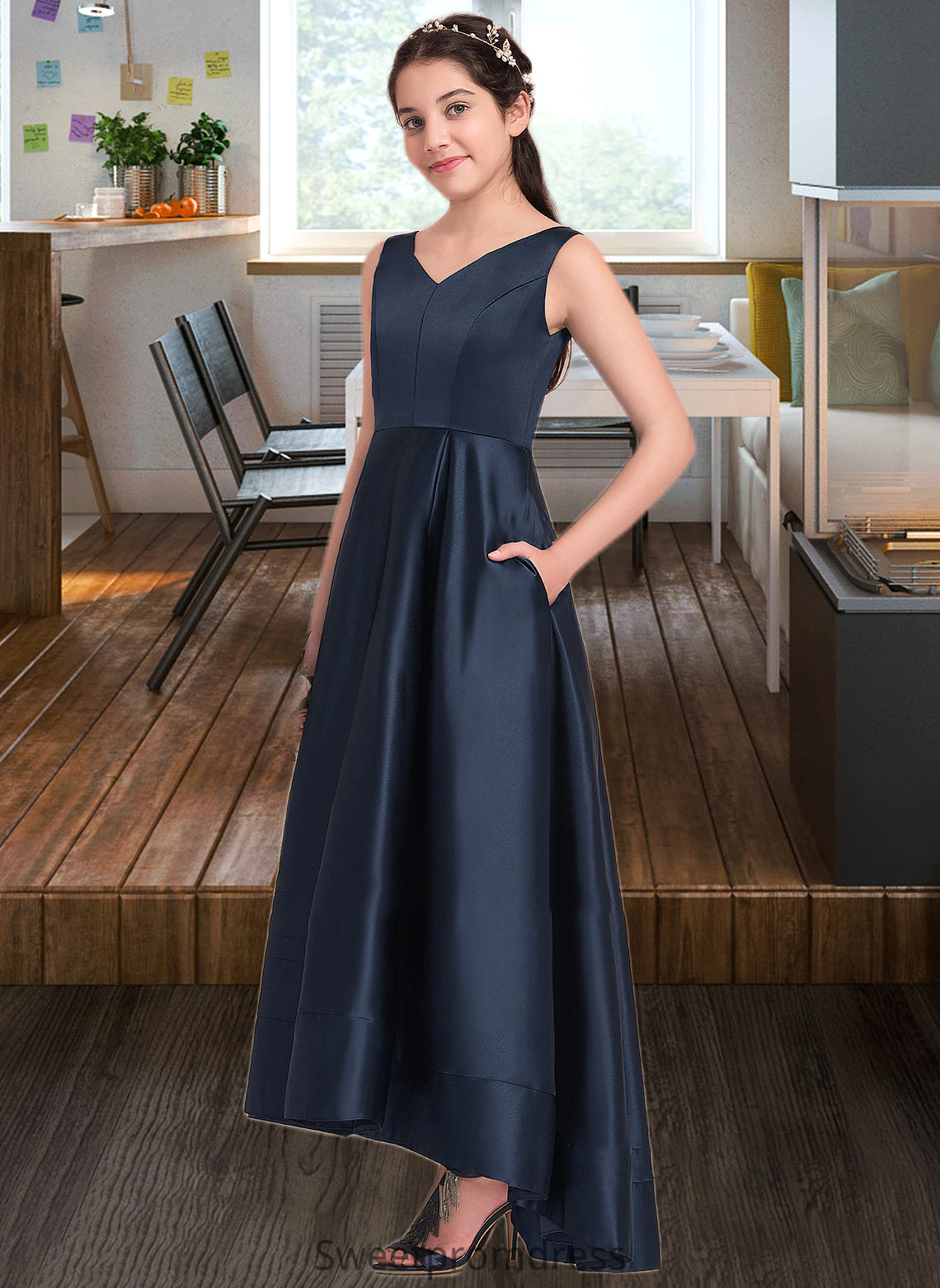 Charity A-Line V-neck Asymmetrical Satin Junior Bridesmaid Dress DHP0013471