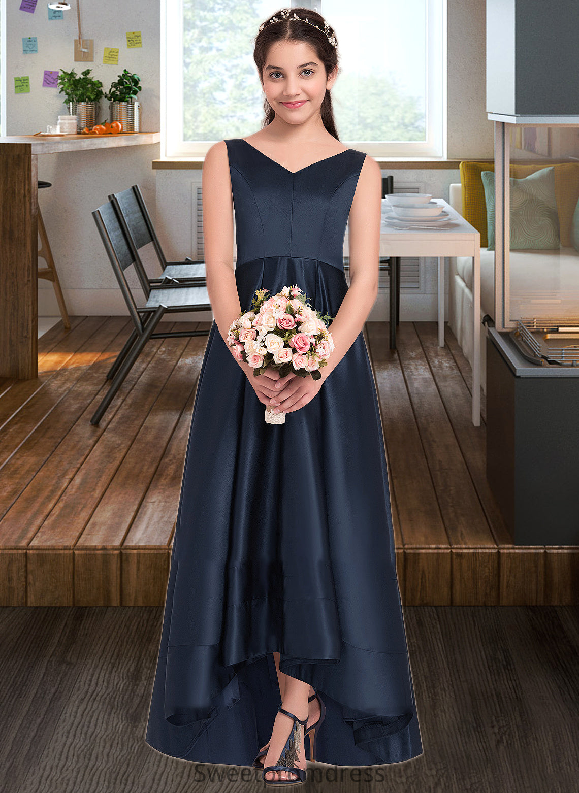 Charity A-Line V-neck Asymmetrical Satin Junior Bridesmaid Dress DHP0013471