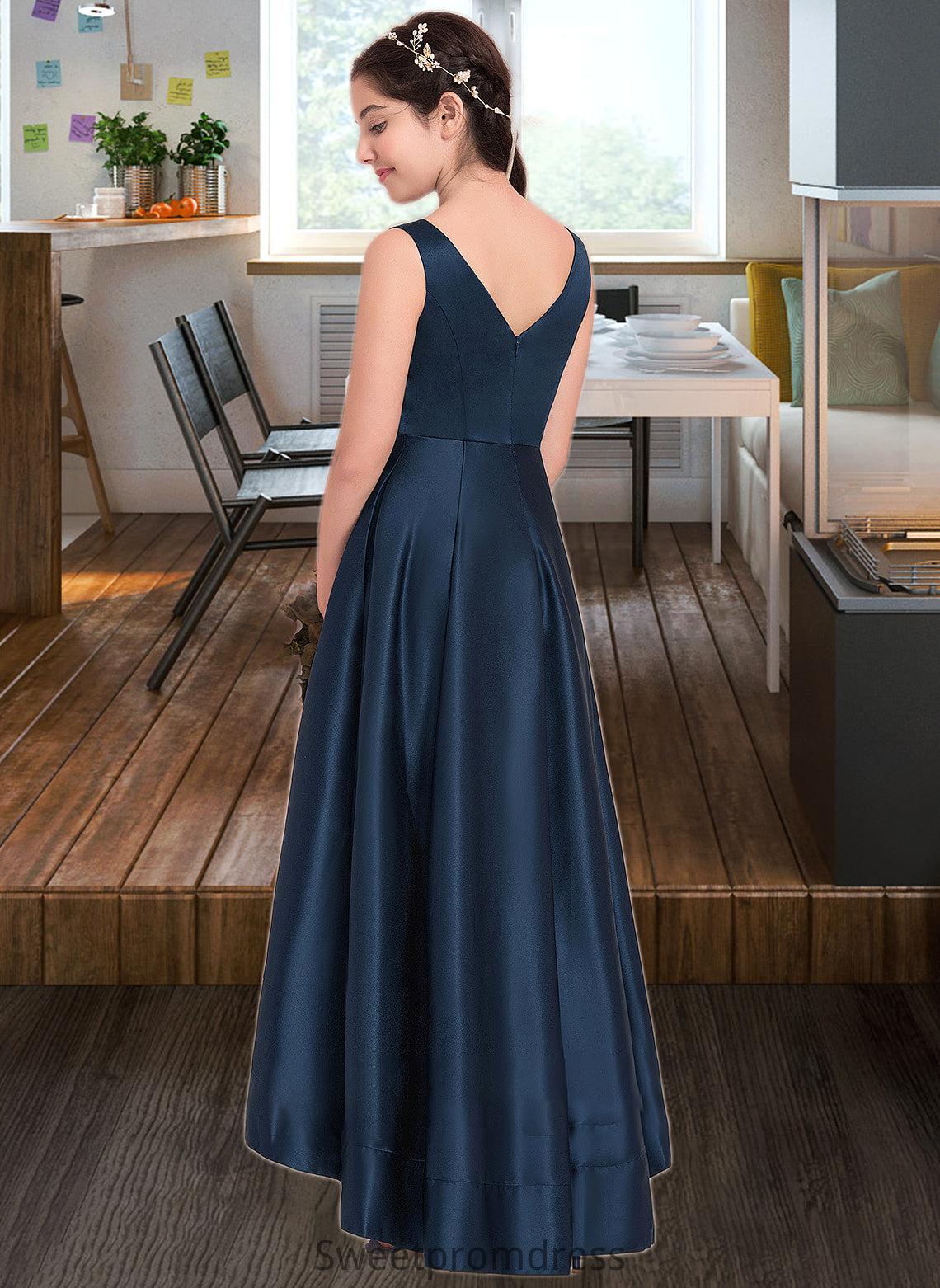 Charity A-Line V-neck Asymmetrical Satin Junior Bridesmaid Dress DHP0013471