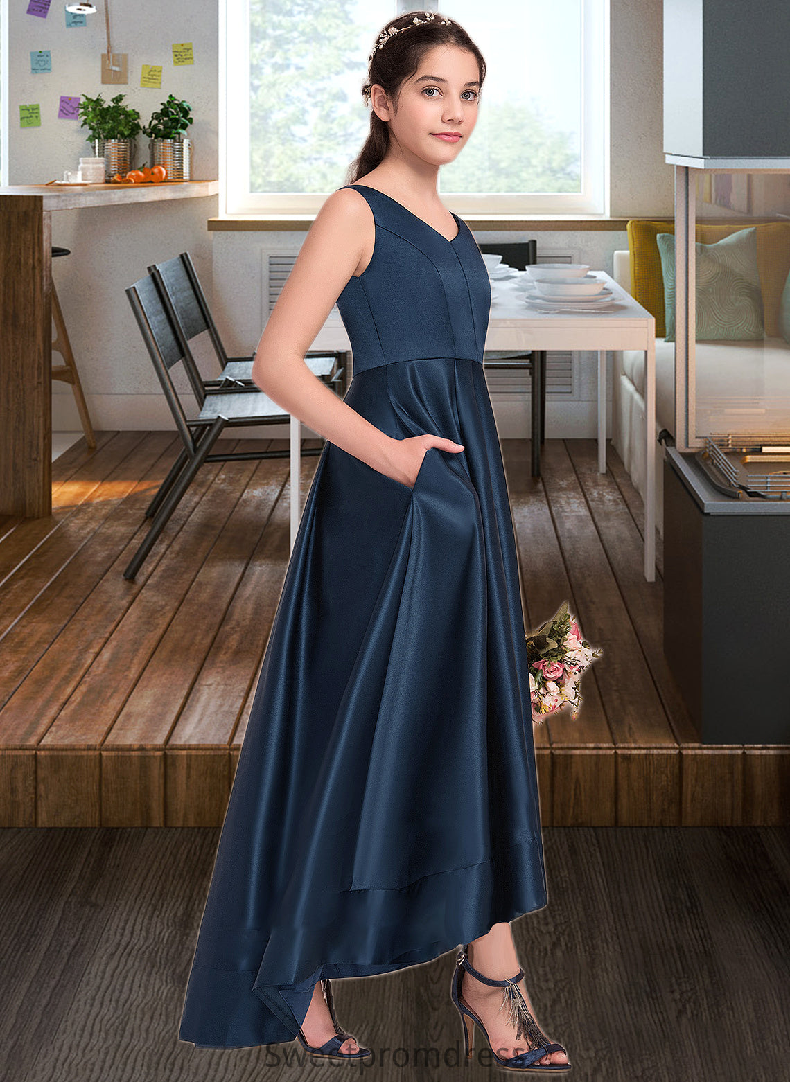 Charity A-Line V-neck Asymmetrical Satin Junior Bridesmaid Dress DHP0013471