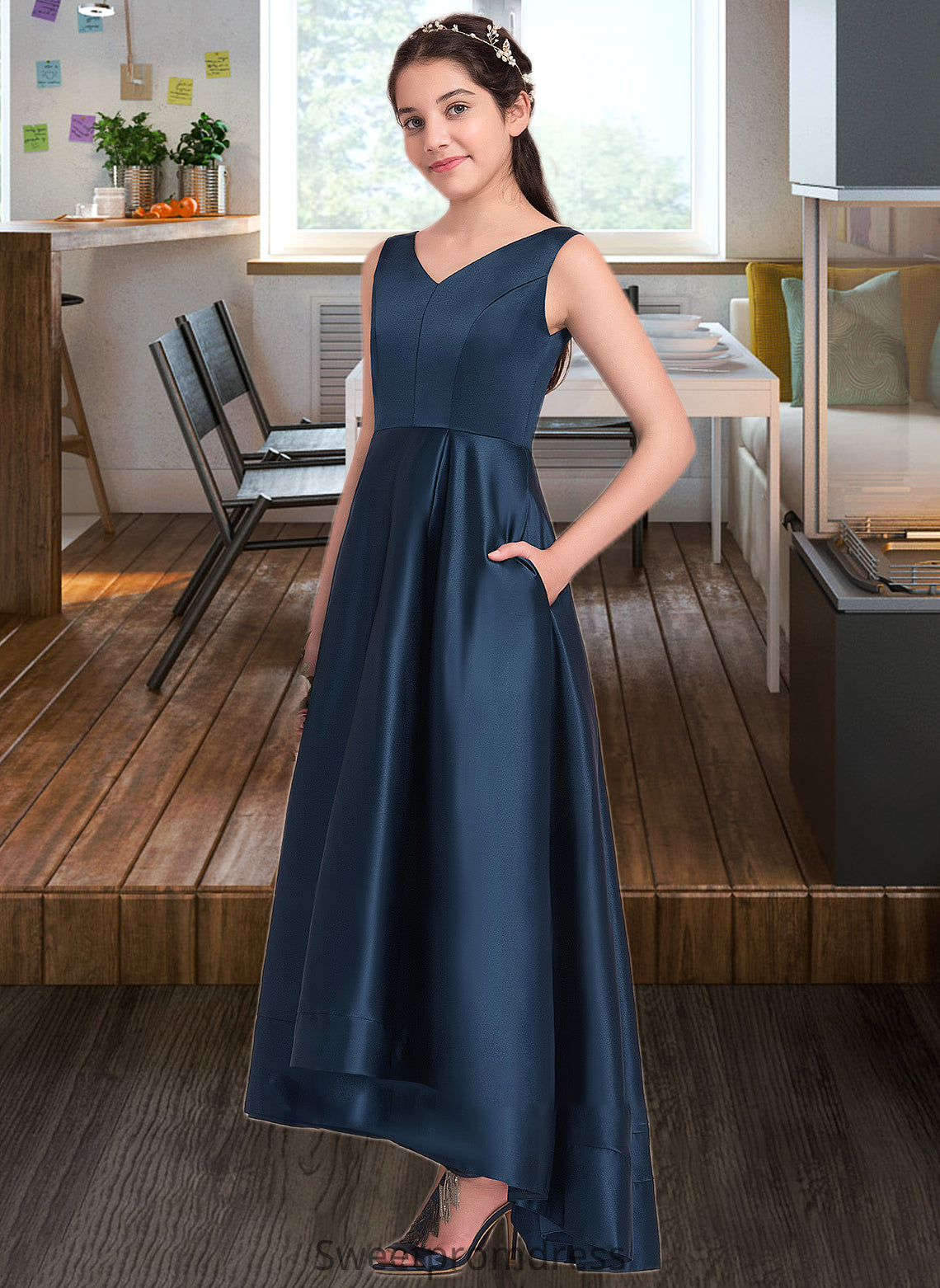 Charity A-Line V-neck Asymmetrical Satin Junior Bridesmaid Dress DHP0013471