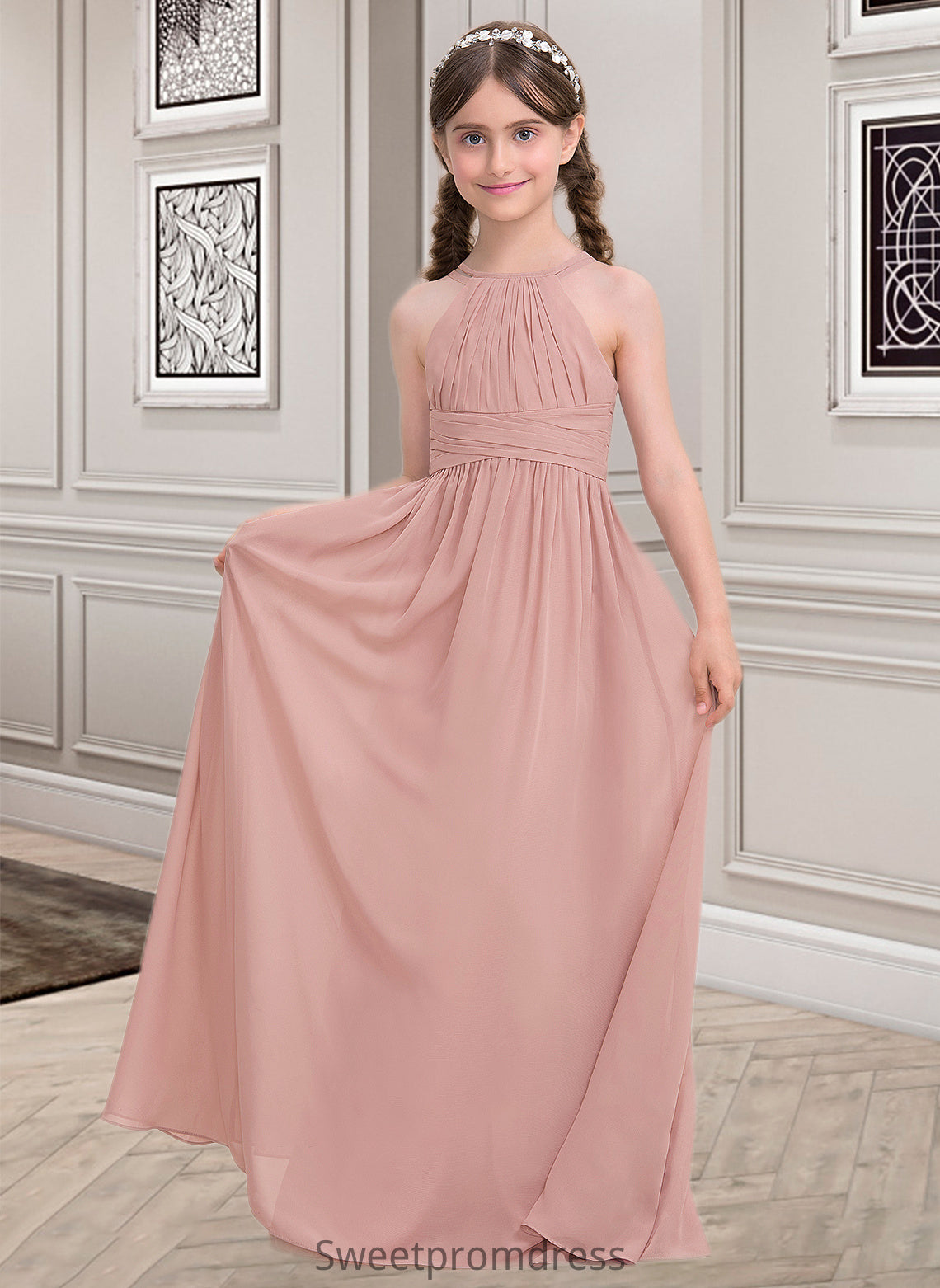 Yuliana A-Line Scoop Neck Floor-Length Chiffon Junior Bridesmaid Dress With Ruffle DHP0013473