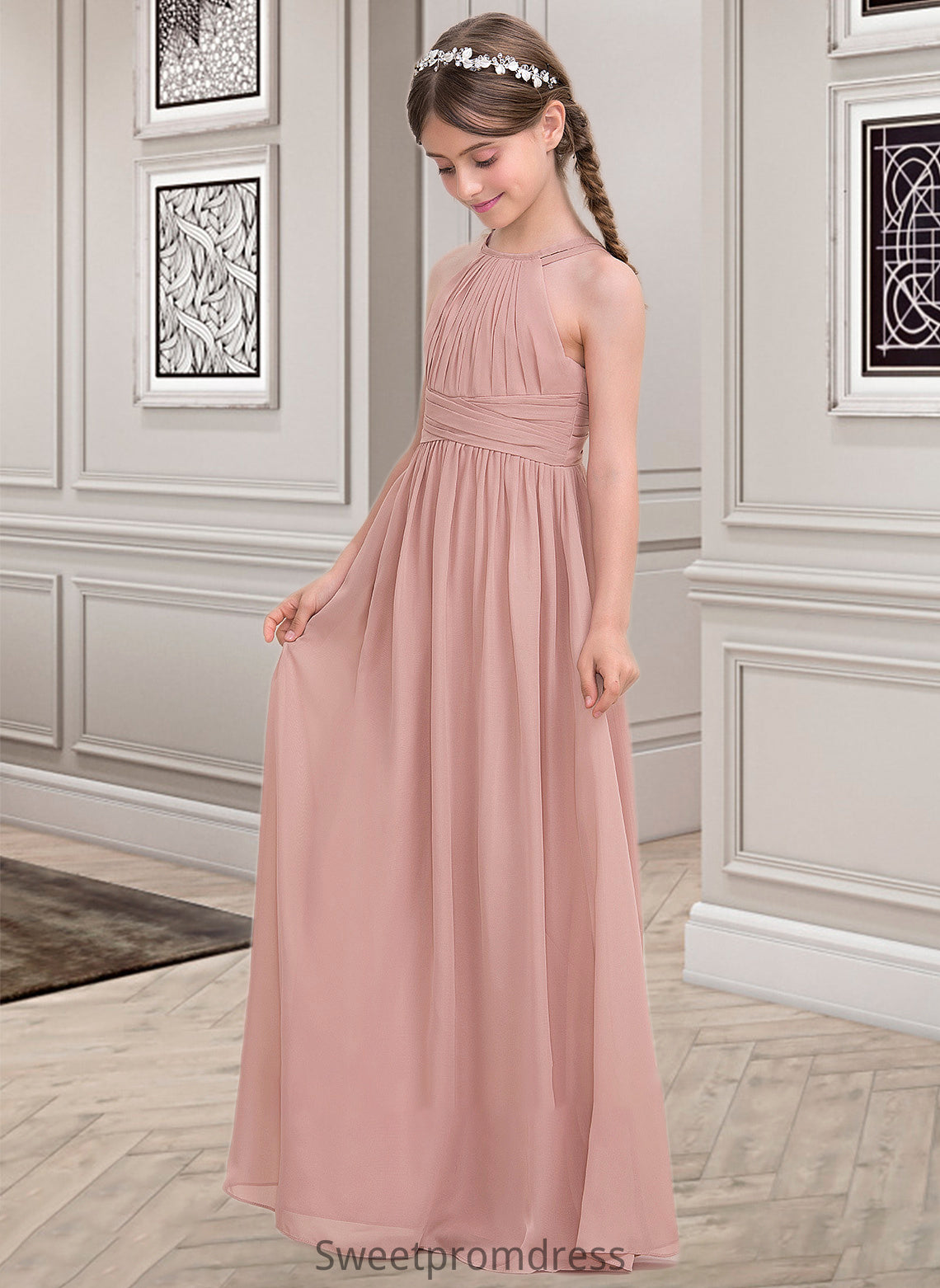 Yuliana A-Line Scoop Neck Floor-Length Chiffon Junior Bridesmaid Dress With Ruffle DHP0013473