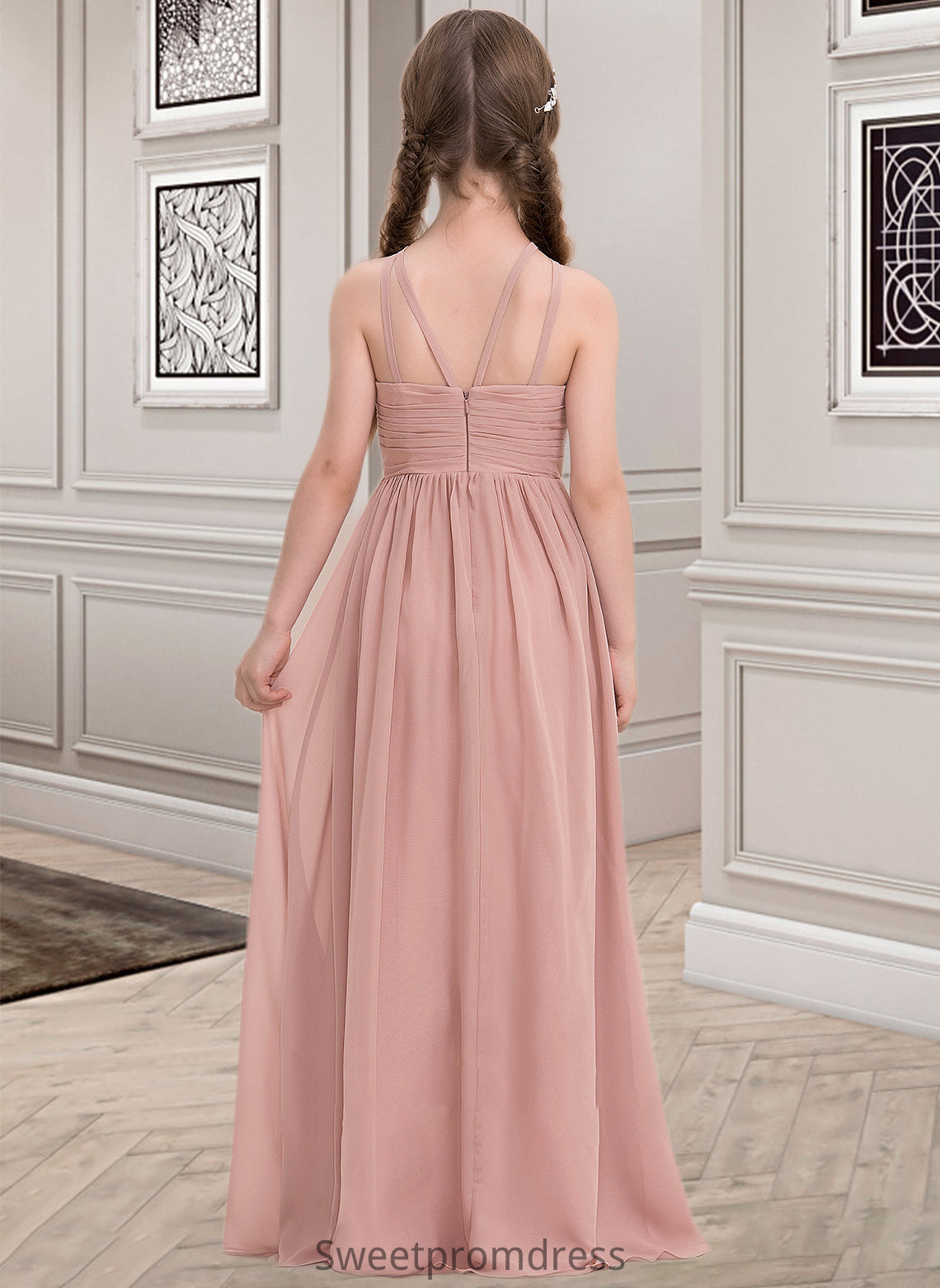 Yuliana A-Line Scoop Neck Floor-Length Chiffon Junior Bridesmaid Dress With Ruffle DHP0013473