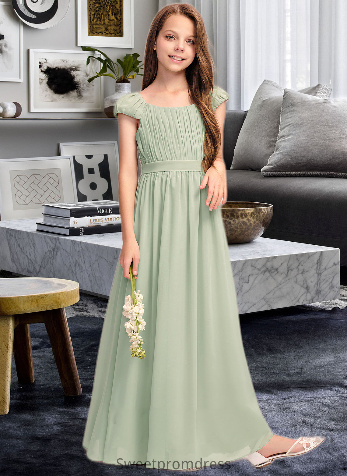 Deja A-Line Scoop Neck Floor-Length Chiffon Junior Bridesmaid Dress With Ruffle Bow(s) DHP0013474