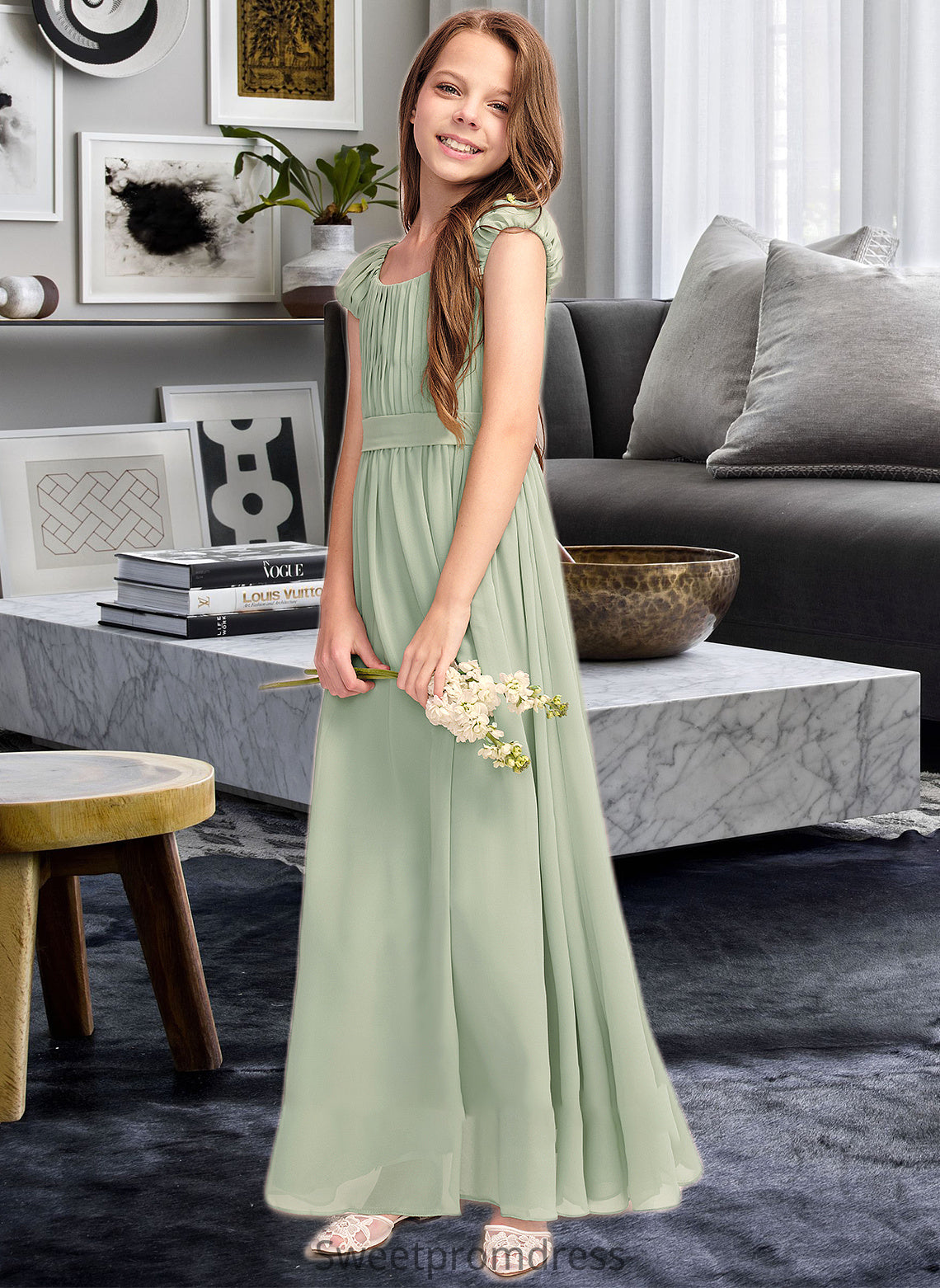 Deja A-Line Scoop Neck Floor-Length Chiffon Junior Bridesmaid Dress With Ruffle Bow(s) DHP0013474