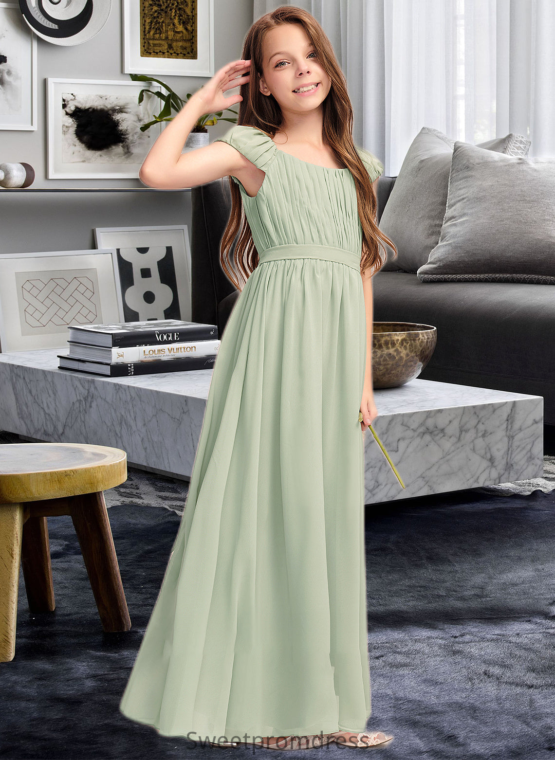 Deja A-Line Scoop Neck Floor-Length Chiffon Junior Bridesmaid Dress With Ruffle Bow(s) DHP0013474