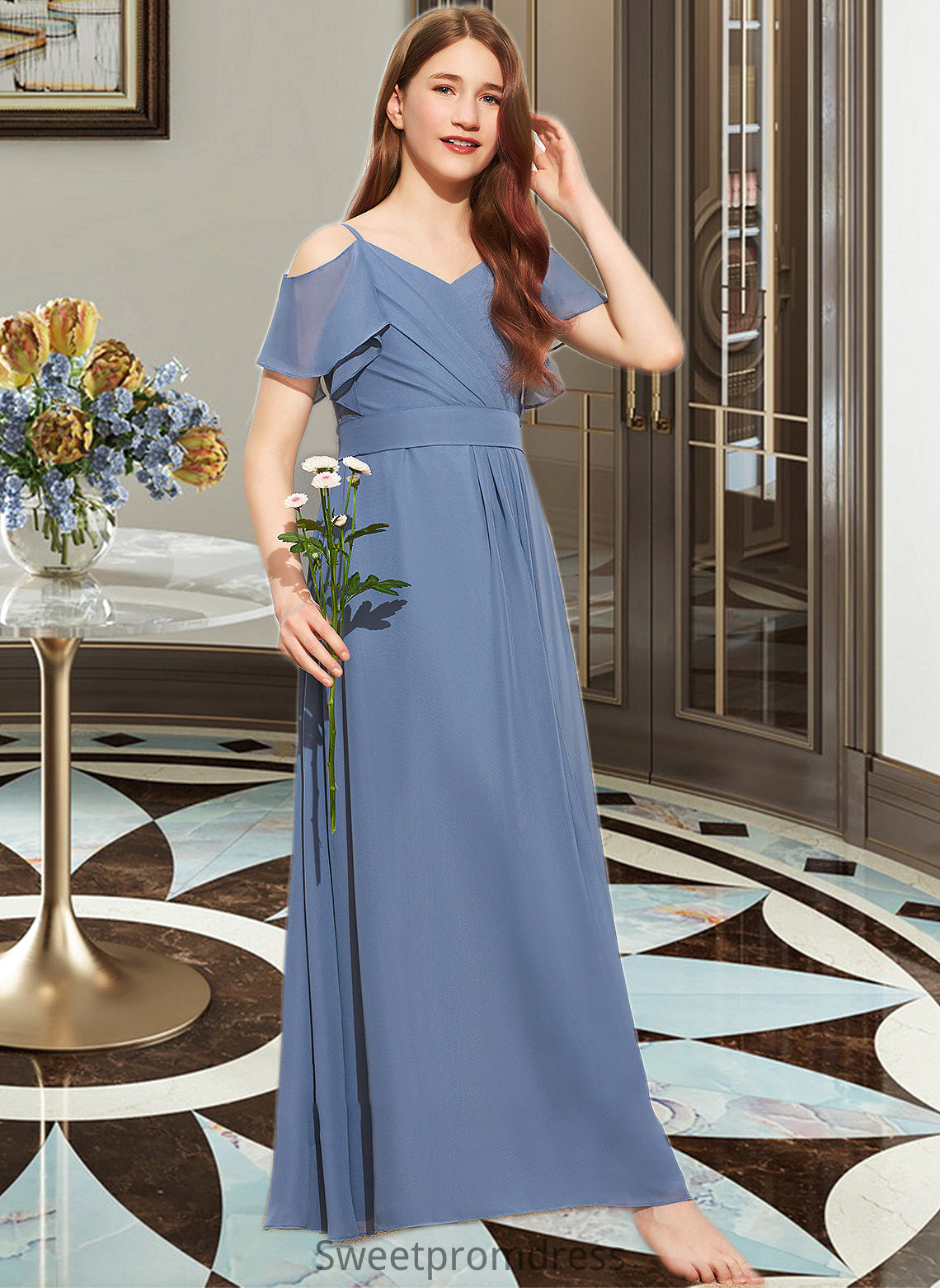 Tabitha A-Line Off-the-Shoulder Floor-Length Chiffon Junior Bridesmaid Dress With Ruffle Bow(s) DHP0013475