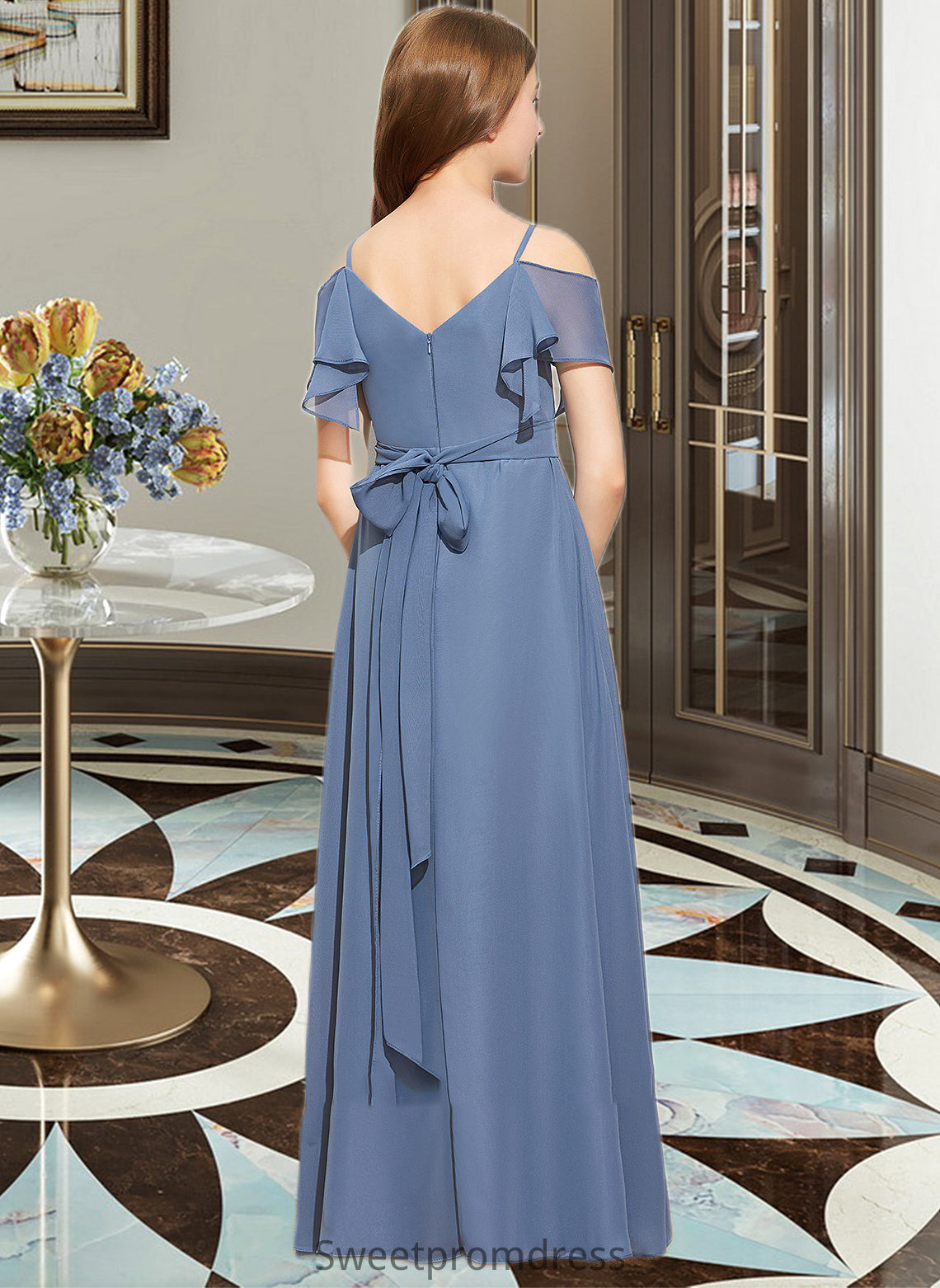 Tabitha A-Line Off-the-Shoulder Floor-Length Chiffon Junior Bridesmaid Dress With Ruffle Bow(s) DHP0013475