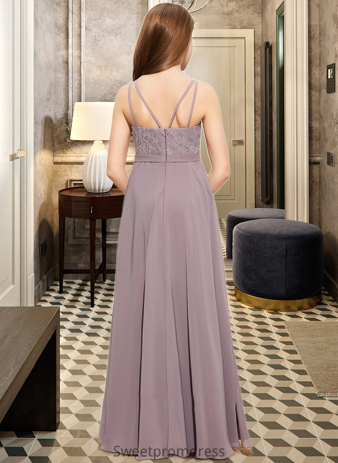 Janelle A-Line V-neck Floor-Length Chiffon Lace Junior Bridesmaid Dress DHP0013476