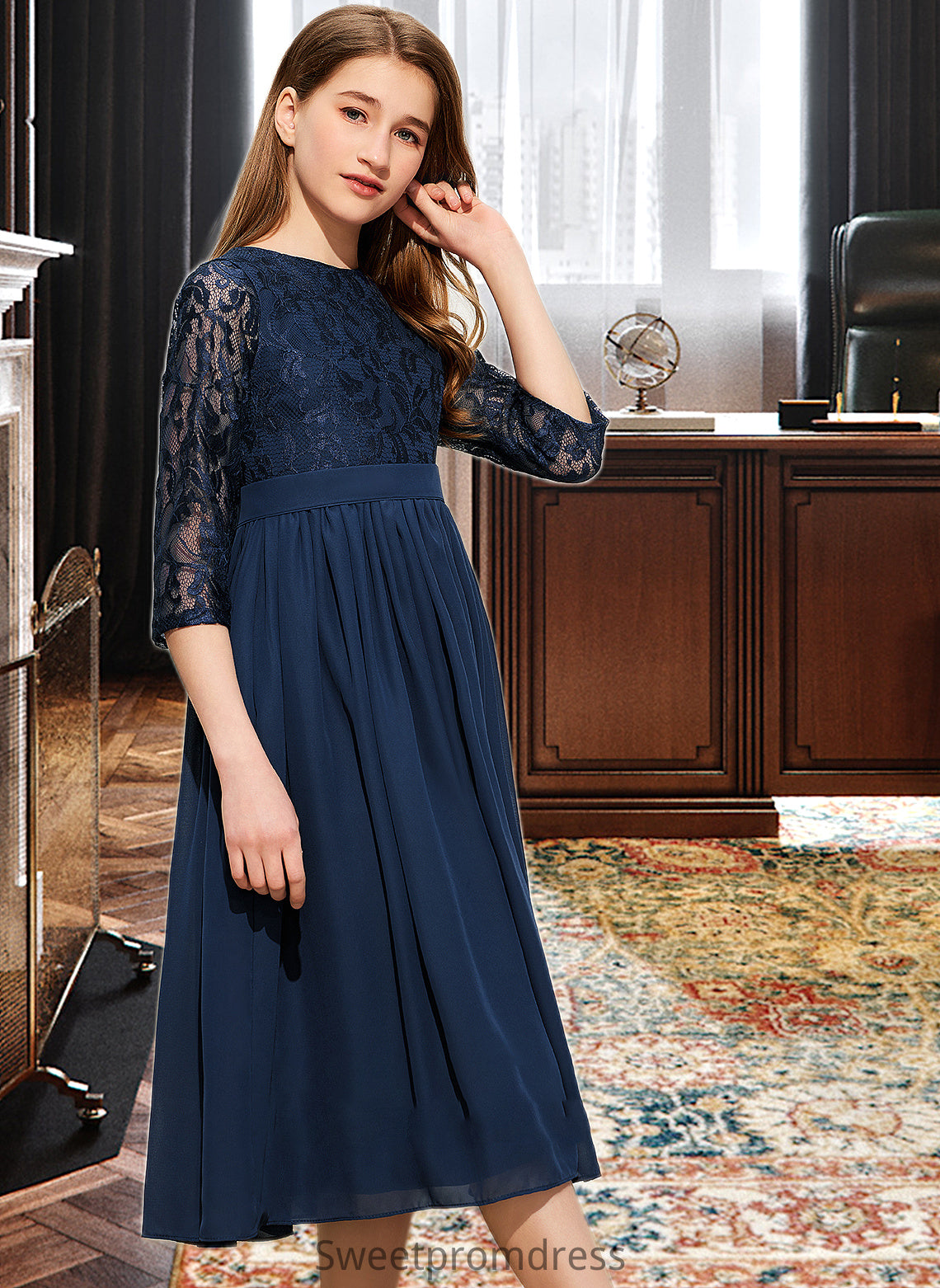 Aleena A-Line Scoop Neck Tea-Length Chiffon Lace Junior Bridesmaid Dress DHP0013477