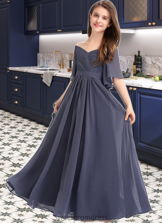 Kassandra A-Line Off-the-Shoulder Floor-Length Chiffon Junior Bridesmaid Dress With Ruffle Bow(s) DHP0013479