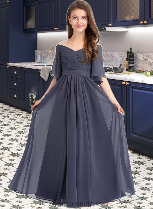 Kassandra A-Line Off-the-Shoulder Floor-Length Chiffon Junior Bridesmaid Dress With Ruffle Bow(s) DHP0013479