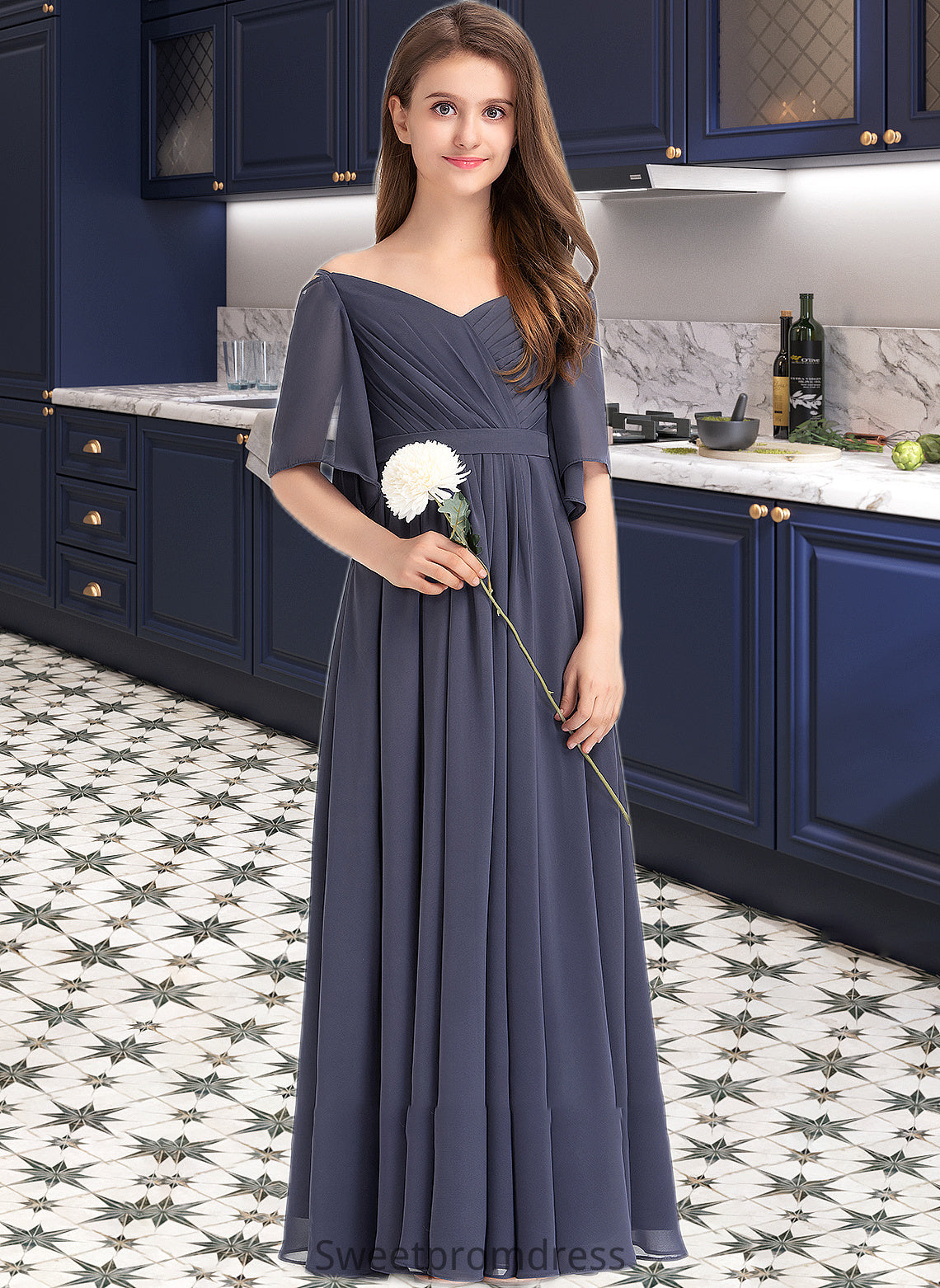 Kassandra A-Line Off-the-Shoulder Floor-Length Chiffon Junior Bridesmaid Dress With Ruffle Bow(s) DHP0013479