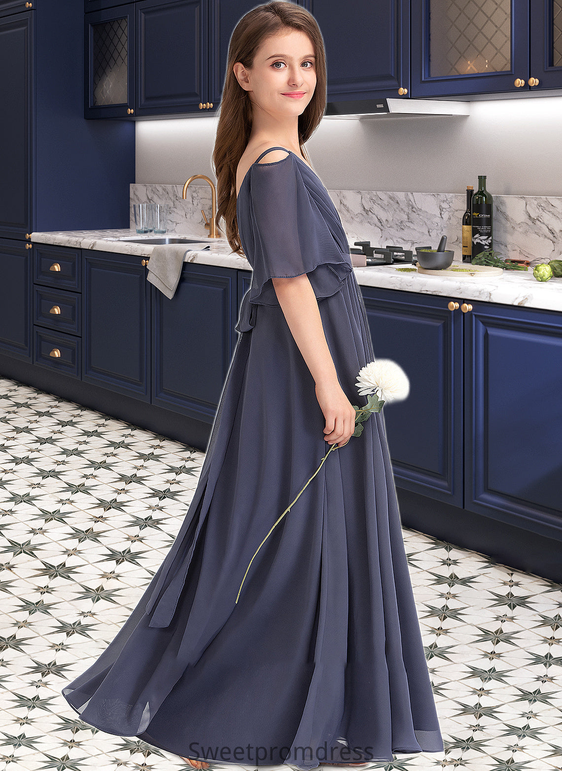 Kassandra A-Line Off-the-Shoulder Floor-Length Chiffon Junior Bridesmaid Dress With Ruffle Bow(s) DHP0013479