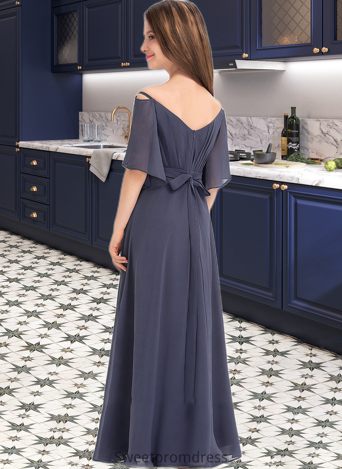 Kassandra A-Line Off-the-Shoulder Floor-Length Chiffon Junior Bridesmaid Dress With Ruffle Bow(s) DHP0013479