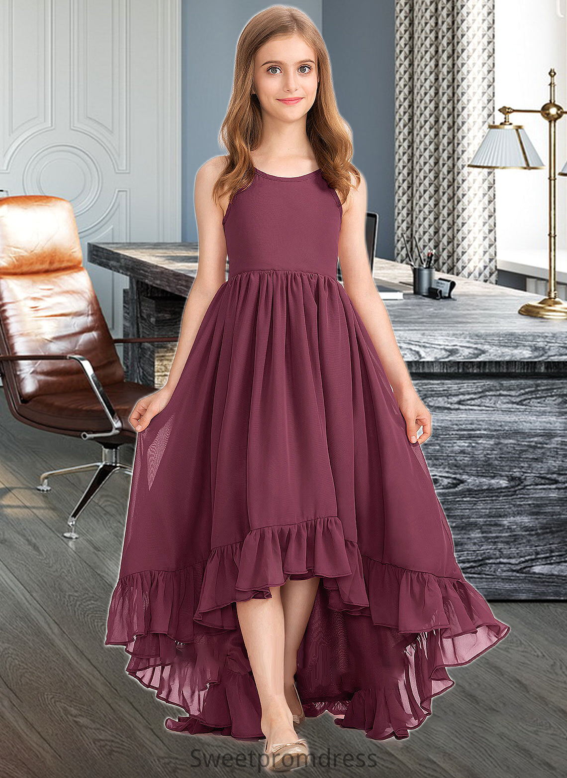 Arielle A-Line Scoop Neck Asymmetrical Chiffon Junior Bridesmaid Dress With Bow(s) Cascading Ruffles DHP0013480