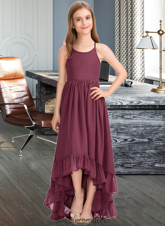 Arielle A-Line Scoop Neck Asymmetrical Chiffon Junior Bridesmaid Dress With Bow(s) Cascading Ruffles DHP0013480