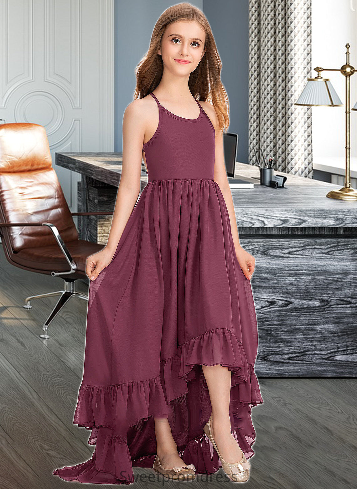 Arielle A-Line Scoop Neck Asymmetrical Chiffon Junior Bridesmaid Dress With Bow(s) Cascading Ruffles DHP0013480