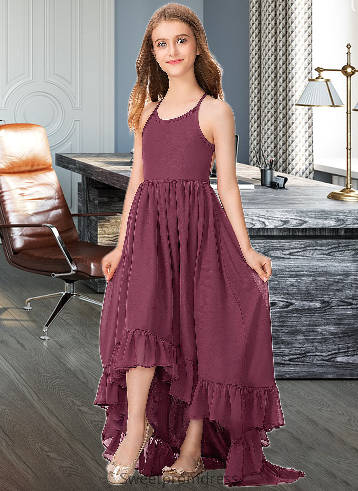 Arielle A-Line Scoop Neck Asymmetrical Chiffon Junior Bridesmaid Dress With Bow(s) Cascading Ruffles DHP0013480