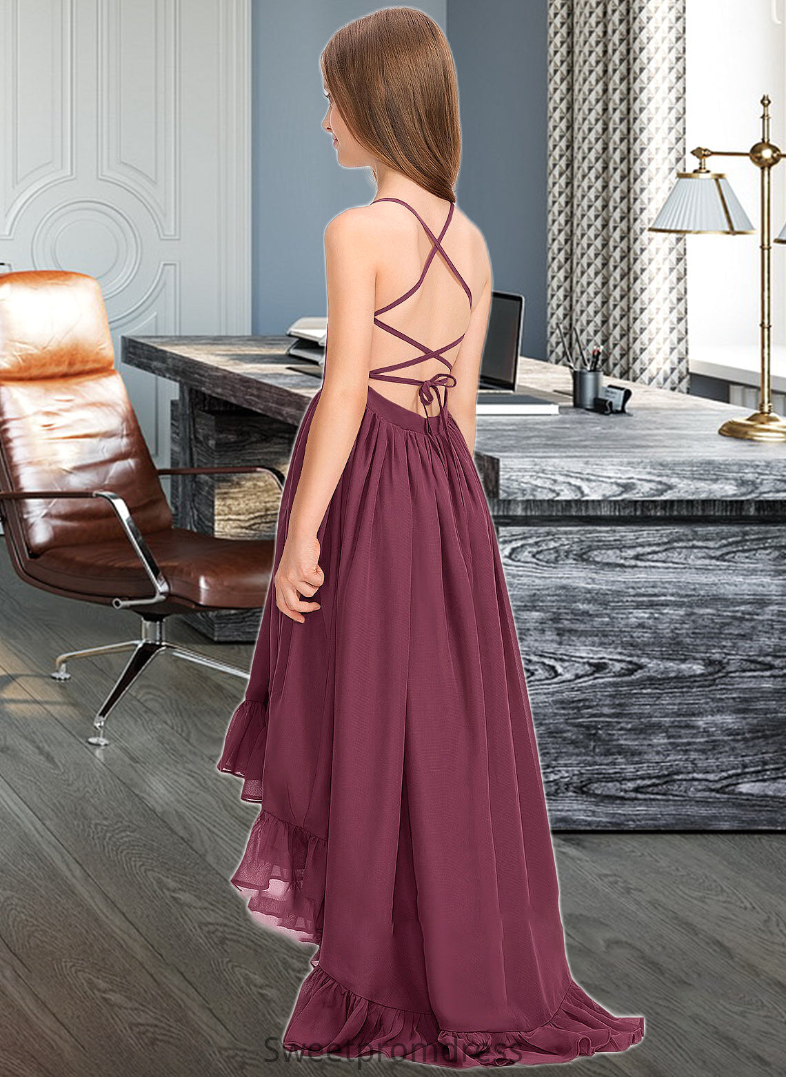 Arielle A-Line Scoop Neck Asymmetrical Chiffon Junior Bridesmaid Dress With Bow(s) Cascading Ruffles DHP0013480