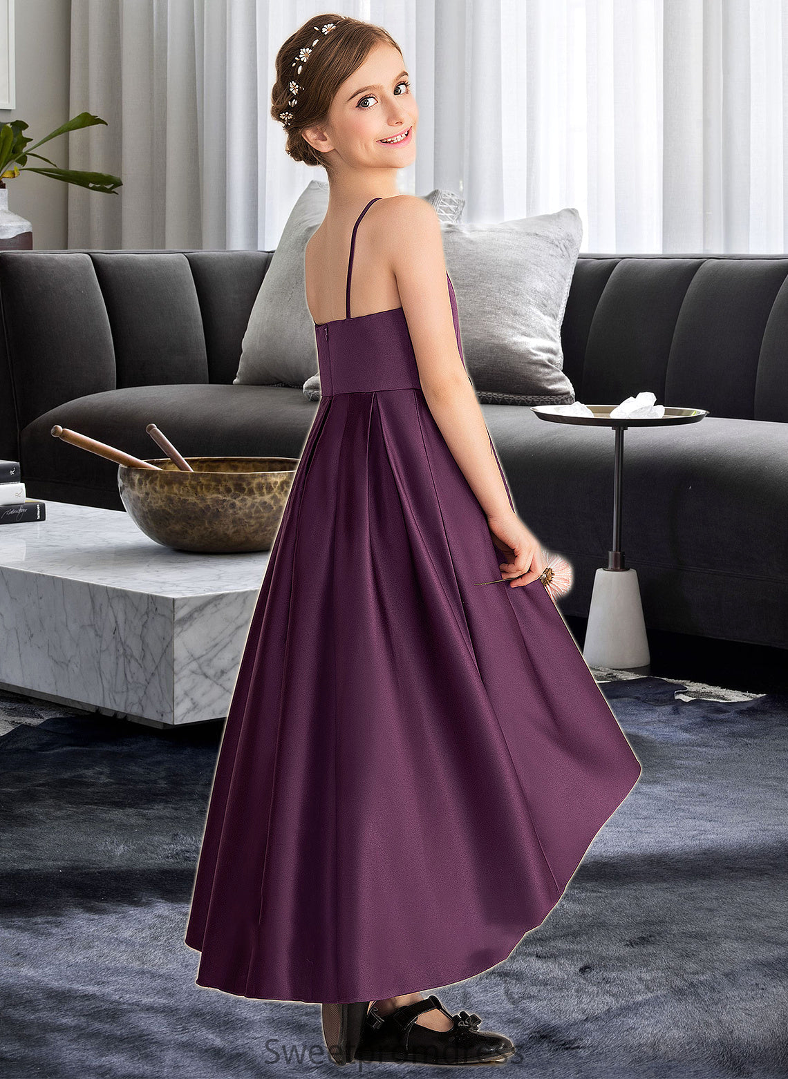 Jillian A-Line Scoop Neck Asymmetrical Satin Junior Bridesmaid Dress With Ruffle DHP0013481