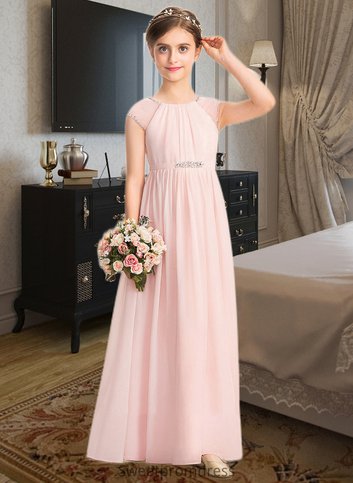 Helen A-Line Scoop Neck Floor-Length Chiffon Junior Bridesmaid Dress With Beading Sequins DHP0013507