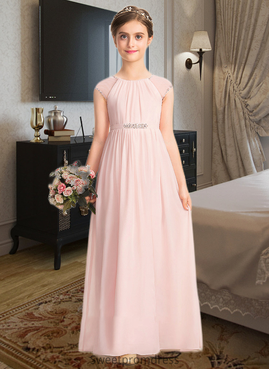 Helen A-Line Scoop Neck Floor-Length Chiffon Junior Bridesmaid Dress With Beading Sequins DHP0013507