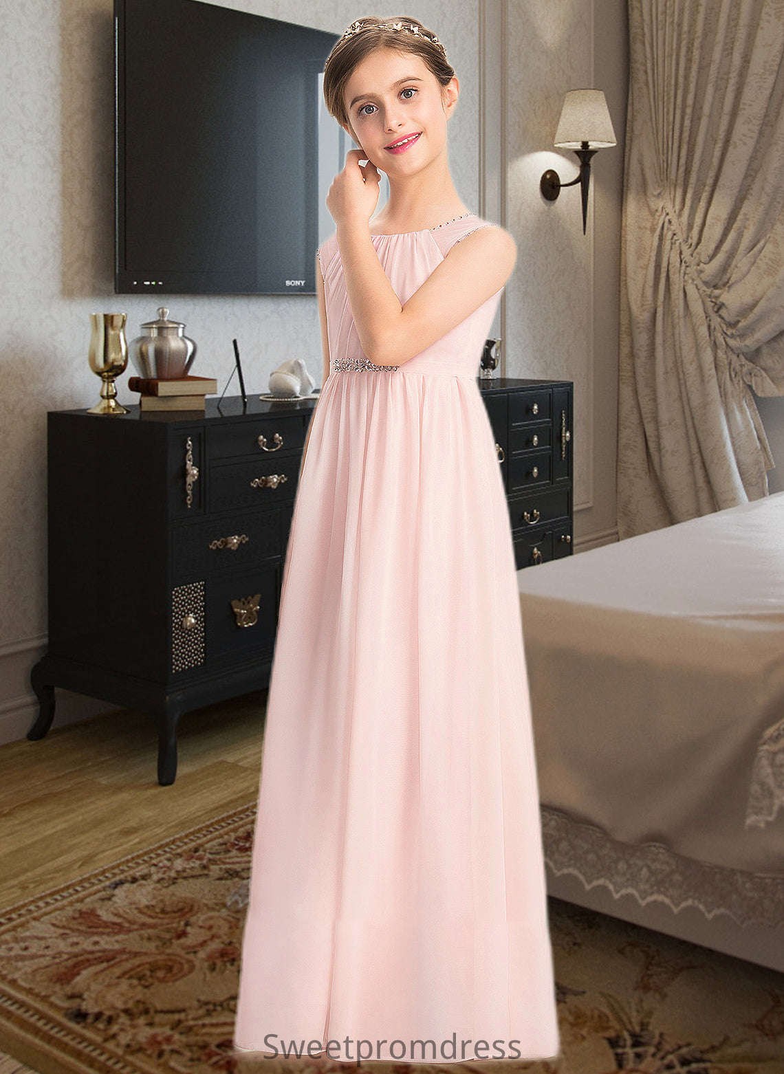 Helen A-Line Scoop Neck Floor-Length Chiffon Junior Bridesmaid Dress With Beading Sequins DHP0013507