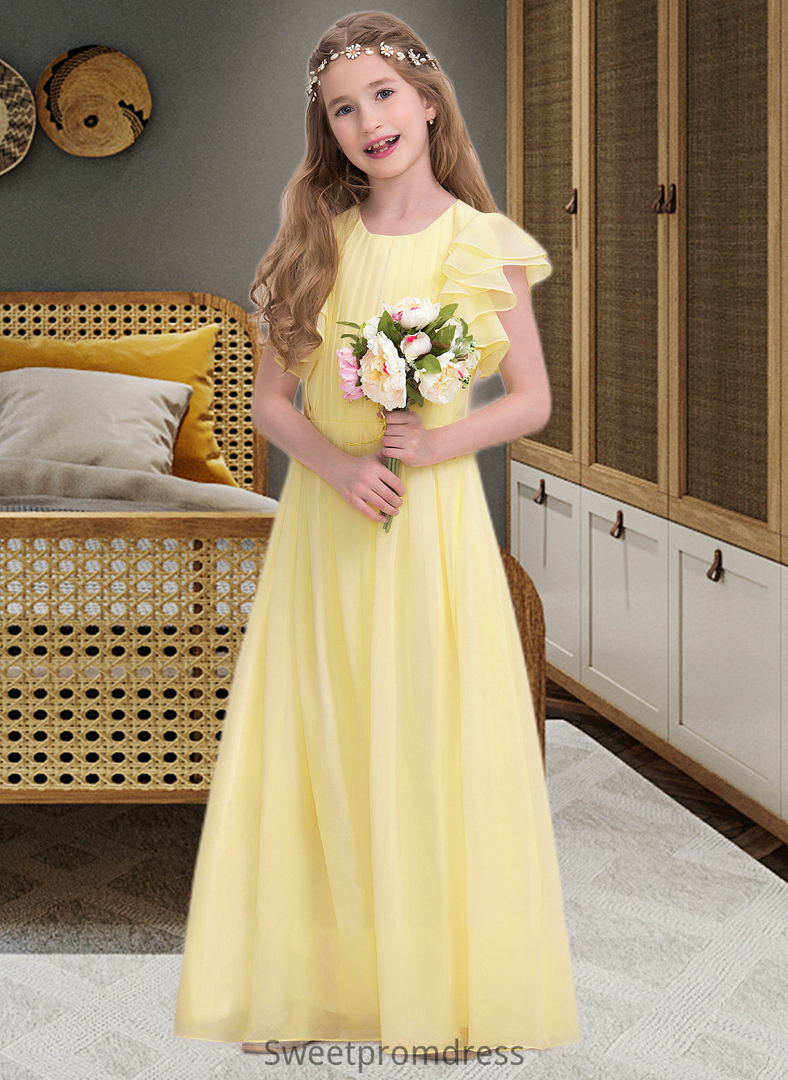 Alena A-LineScoopNeckFloor-LengthChiffonJuniorBridesmaidDressWithRuffleCascadingRuffles#123850 DHP0013508