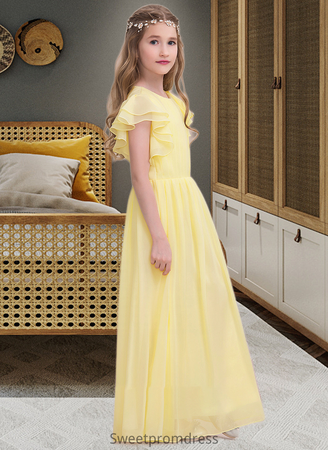 Alena A-LineScoopNeckFloor-LengthChiffonJuniorBridesmaidDressWithRuffleCascadingRuffles#123850 DHP0013508