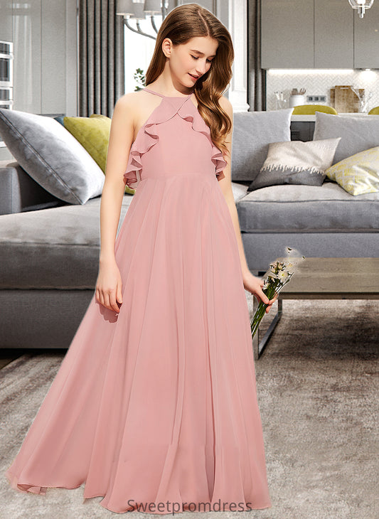 Bridget A-Line Square Neckline Floor-Length Chiffon Junior Bridesmaid Dress With Cascading Ruffles DHP0013509