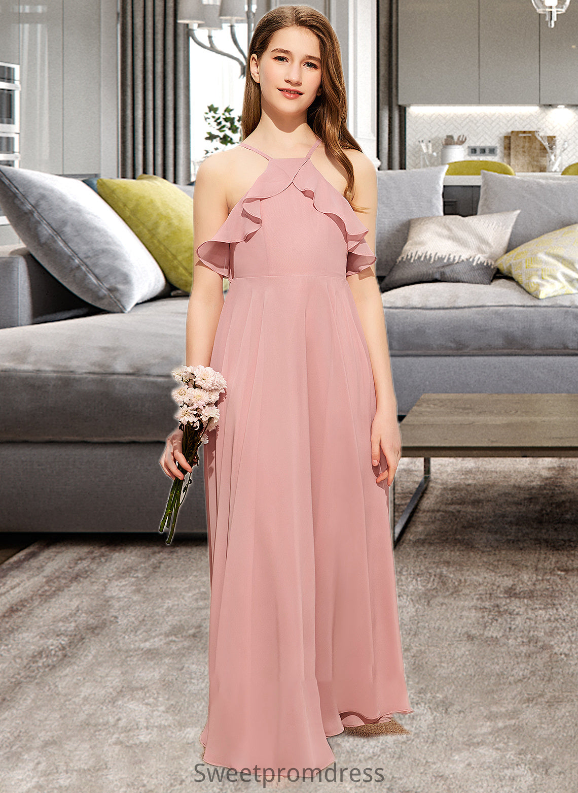 Bridget A-Line Square Neckline Floor-Length Chiffon Junior Bridesmaid Dress With Cascading Ruffles DHP0013509