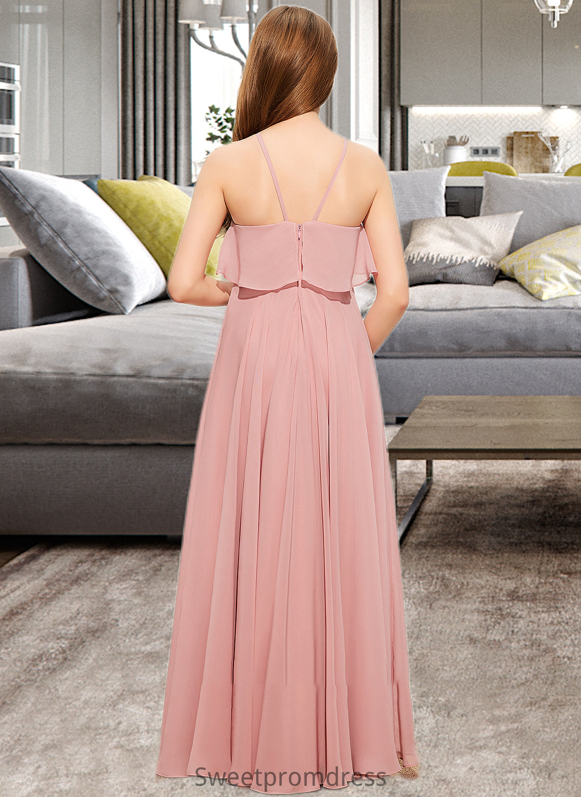 Bridget A-Line Square Neckline Floor-Length Chiffon Junior Bridesmaid Dress With Cascading Ruffles DHP0013509