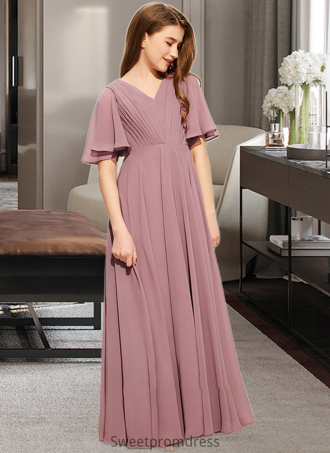 Kaylah A-Line V-neck Floor-Length Chiffon Junior Bridesmaid Dress With Ruffle DHP0013510