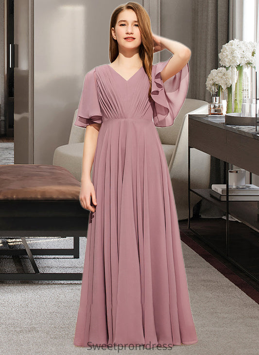 Kaylah A-Line V-neck Floor-Length Chiffon Junior Bridesmaid Dress With Ruffle DHP0013510