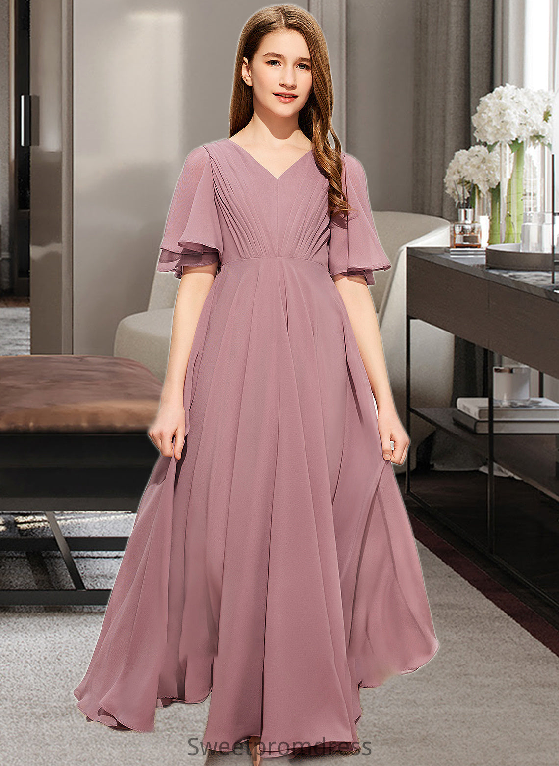 Kaylah A-Line V-neck Floor-Length Chiffon Junior Bridesmaid Dress With Ruffle DHP0013510