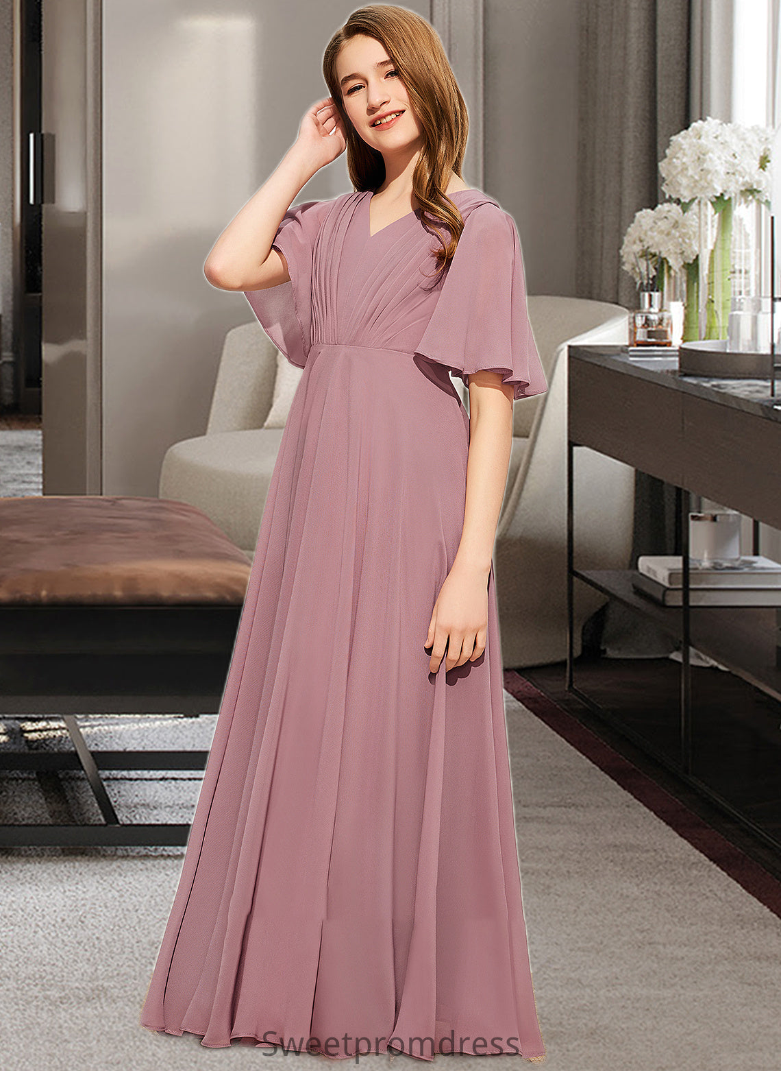 Kaylah A-Line V-neck Floor-Length Chiffon Junior Bridesmaid Dress With Ruffle DHP0013510