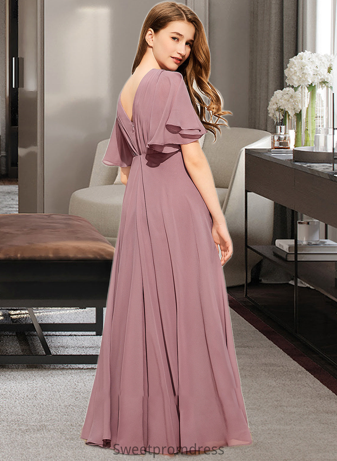 Kaylah A-Line V-neck Floor-Length Chiffon Junior Bridesmaid Dress With Ruffle DHP0013510